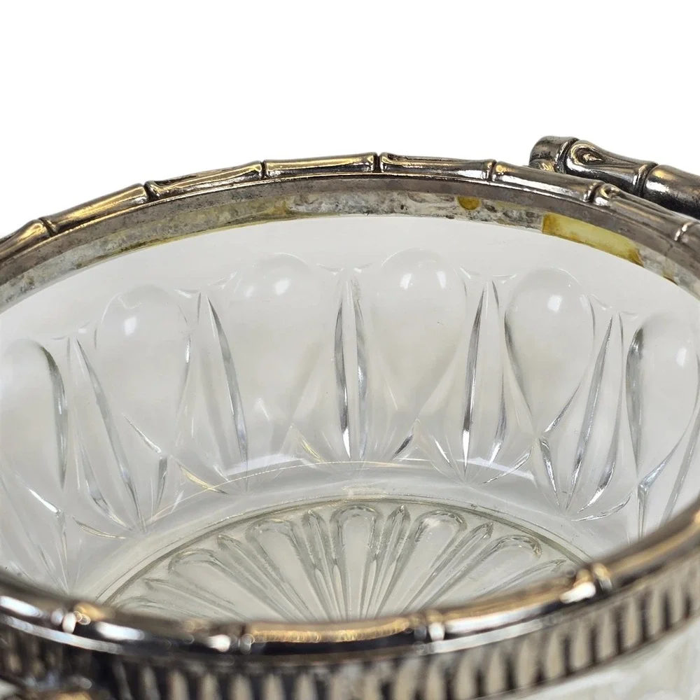 Vintage Reims France Cut Crystal Silverplate Bamboo Handle Serving Bowl